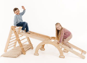 4in1 Montessori Klettergerüst Set: Kletterdreieck mit Rutsche, Kletterbogen mit Kissen, für Kinder 1-7 Jahre – Beige