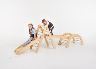 4in1 Montessori Klettergerüst Set: Kletterdreieck mit Rutsche, Kletterbogen mit Kissen, für Kinder 1-7 Jahre – Beige