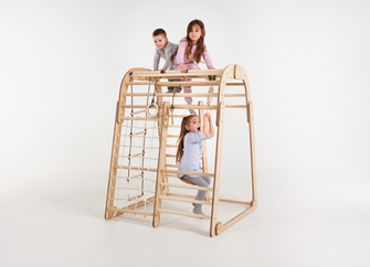 6in1 Indoor Spielplatz für Kinder: Klettergerüst mit Kletternetz, Rutsche, Gymnastikringe, Hängende Leiter und Disc-Schaukel – Beige
