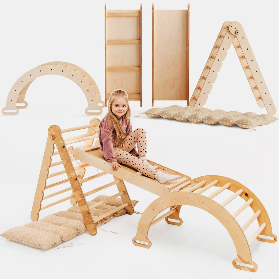 4in1 Montessori Klettergerüst Set: Kletterdreieck mit Rutsche, Kletterbogen mit Kissen, für Kinder 1 - 7 Jahre – Beige - Goodevas Deutschland