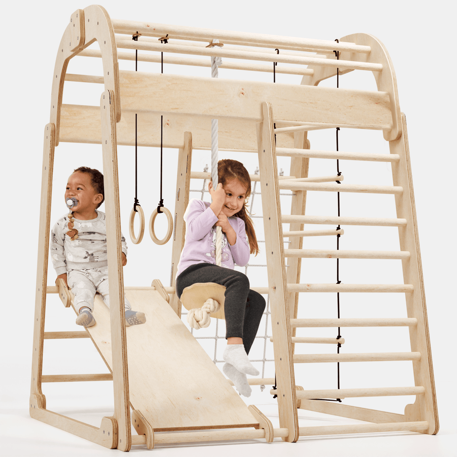 6in1 Indoor Spielplatz für Kinder: Klettergerüst mit Kletternetz, Rutsche, Gymnastikringe, Hängende Leiter und Disc - Schaukel – Beige - Goodevas Deutschland