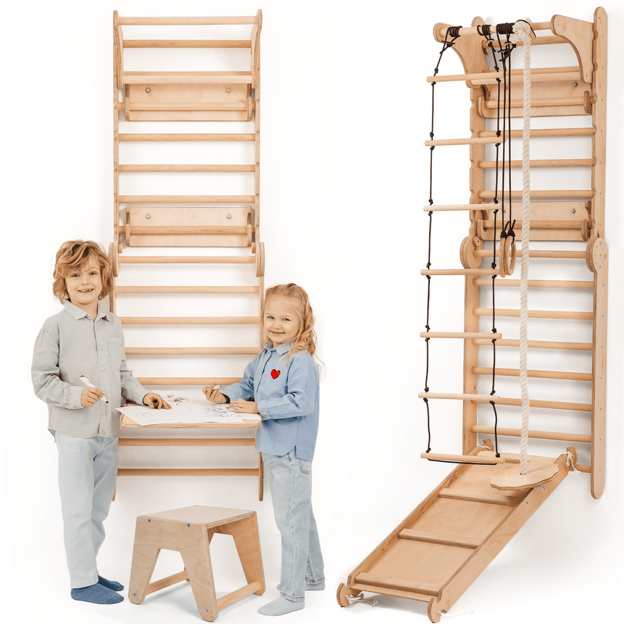 8in1 Kletterwand Indoor: Sprossenwand, Gymnastikringe, Hängende Leiter, Disc - Schaukel, Rutsche, Klimmzugstange, Maltafel und Kinderstuhl für Kinder – Beige - Goodevas Deutschland