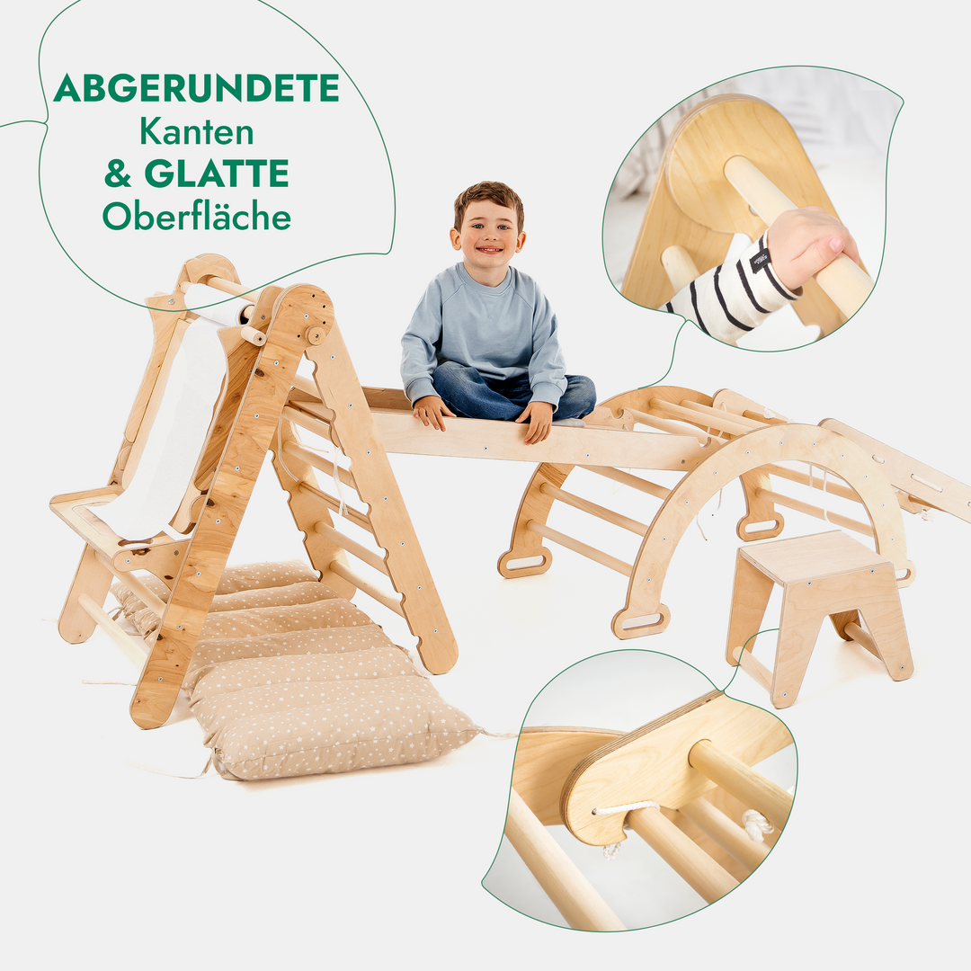 6in1 Montessori Climbing Set: Triangle Ladder + Arch/Rocker + Slide/Ramp + Net + Cushion + Art Addition