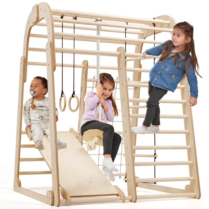 6in1 Indoor Spielplatz für Kinder: Klettergerüst mit Kletternetz, Rutsche, Gymnastikringe, Hängende Leiter und Disc-Schaukel – Beige