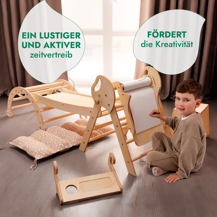 Montessori 5in1 Kletterdreieck für Babys: Pikler-Dreieck, Kletterbogen, Kunst-Erweiterung ,Rutschbrett und Kissen für Kleinkinder (1–3 Jahre)