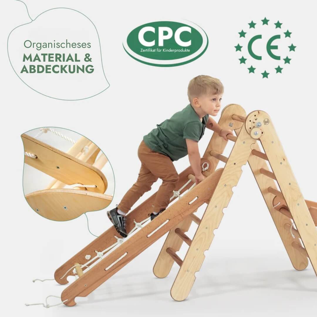 4in1 Montessori Climbing Triangle Set: Climbing Frame for Children + Climbing Arch + Climbing Net + Slide – Indoor Toy for 1-7 Years – Beige