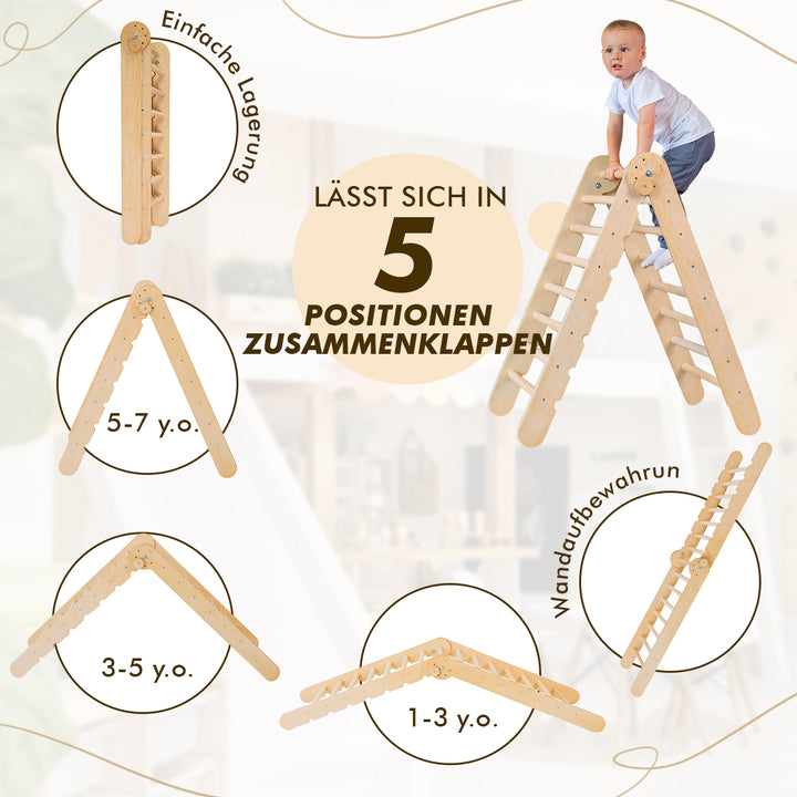 7in1 Montessori Klettergerüst Set: Kletterdreieck, Kletterbogen mit Kissen, Rutsche, Kletternetz, Maltafel und Kinderstuhl, für Kinder 1-7 Jahre – Beige