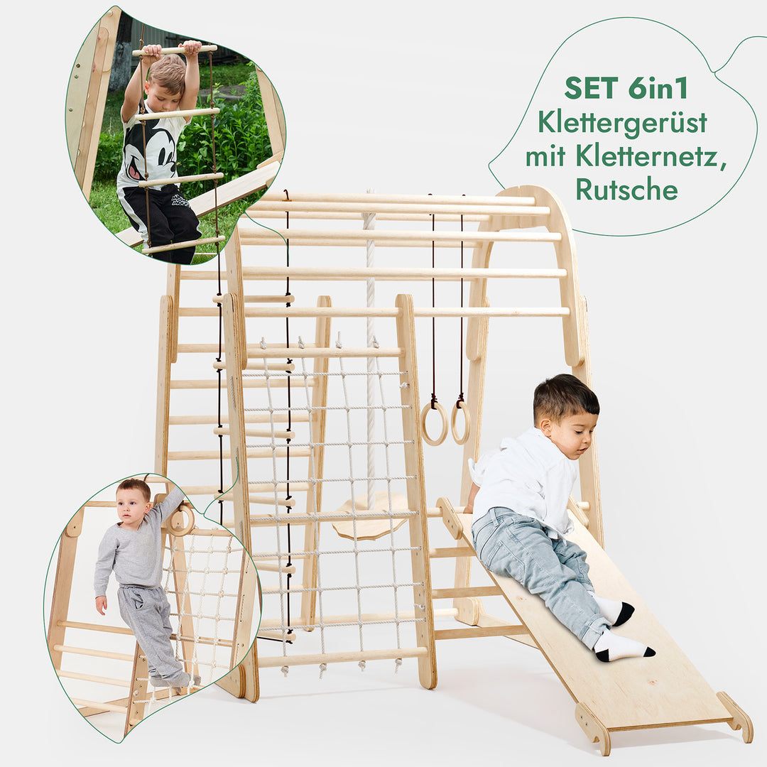 6in1 Indoor Spielplatz für Kinder: Klettergerüst mit Kletternetz, Rutsche, Gymnastikringe, Hängende Leiter und Disc-Schaukel – Beige