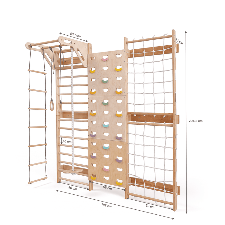 7-in-1 Kletterwand fürs Kinderzimmer mit Sprossenwand, Kletternetz, Klimmzugstange & (3in1) Kinderschaukel-Set