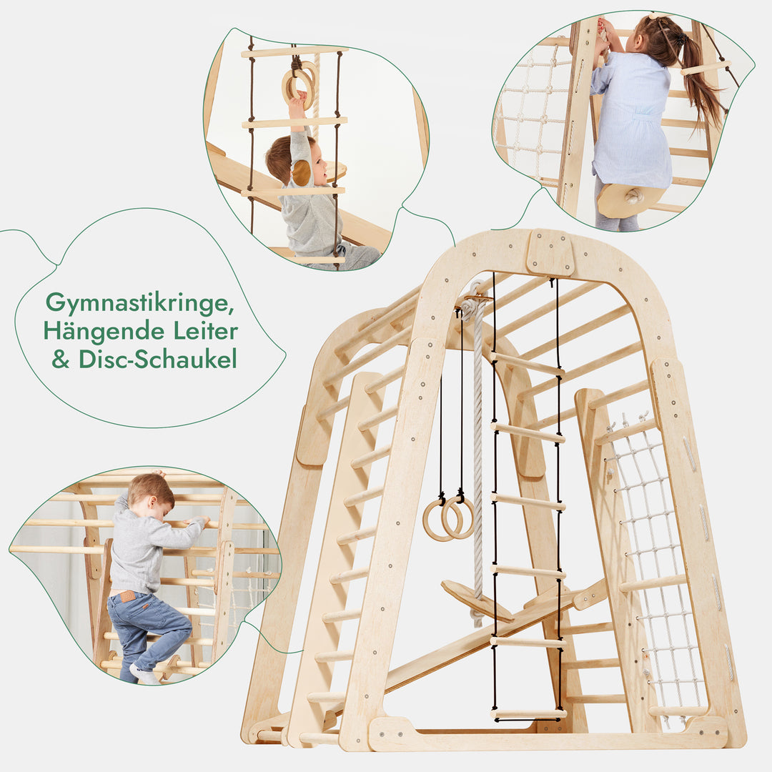 6in1 Indoor Spielplatz für Kinder: Klettergerüst mit Kletternetz, Rutsche, Gymnastikringe, Hängende Leiter und Disc-Schaukel – Beige