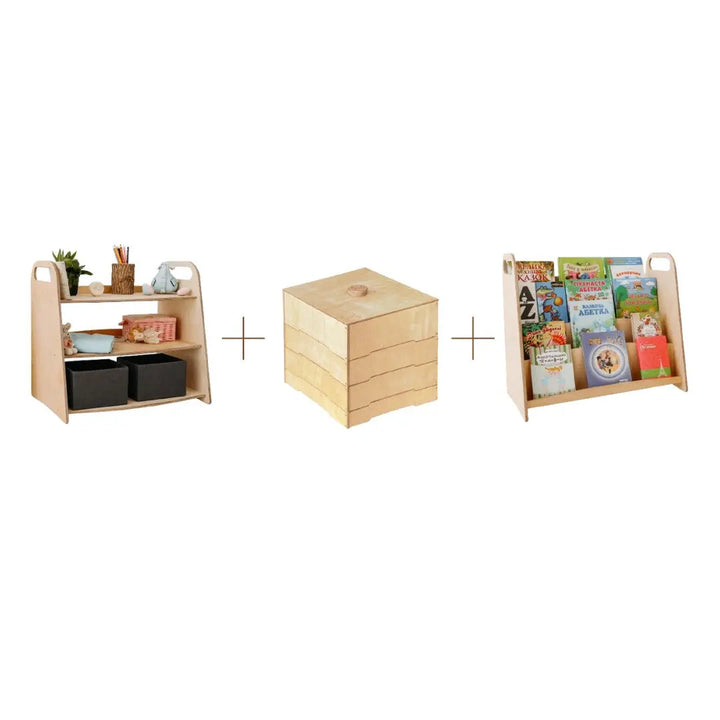 3in1 Montessori Shelves Set: Bookshelf + Toy Shelf + Lego sorter - Goodevas