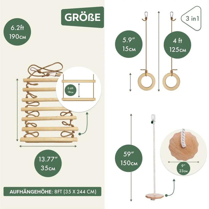 Set aus drei Schaukeln: Scheibe + Ringe + Strickleiter