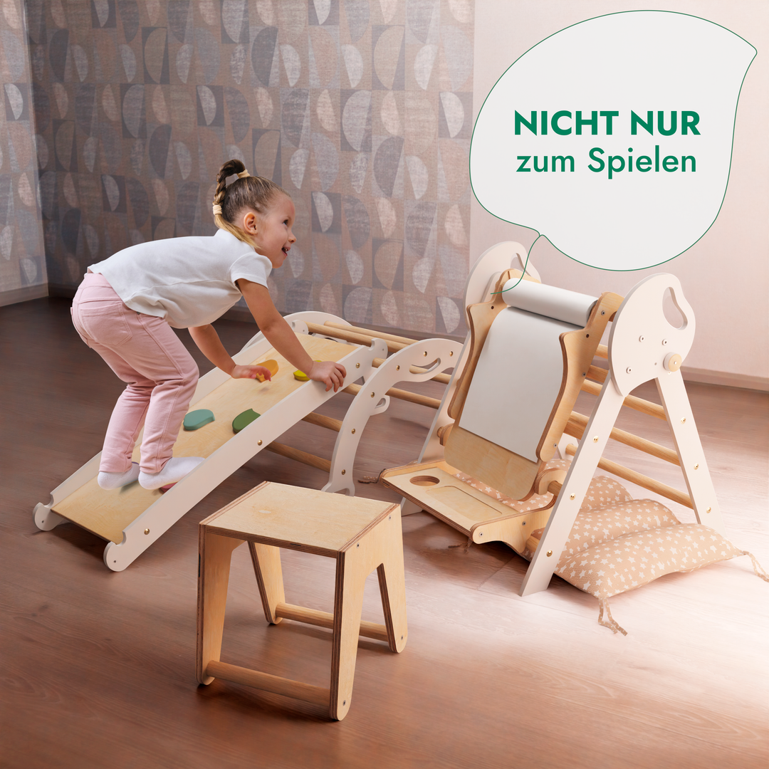 Montessori 5in1 Kletterdreieck für Babys: Pikler-Dreieck, Kletterbogen, Kunst-Erweiterung ,Rutschbrett und Kissen für Kleinkinder (1–3 Jahre)