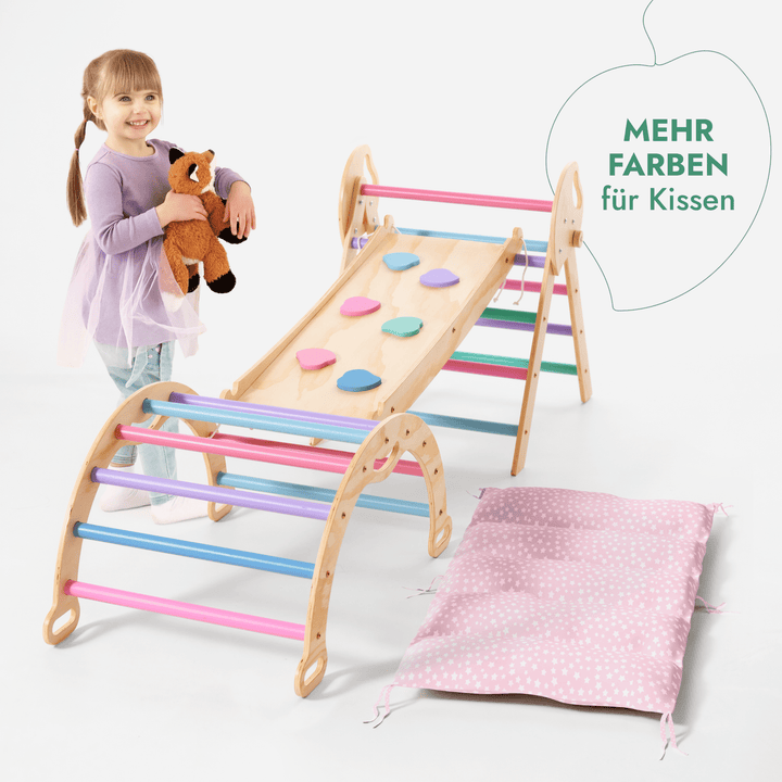 4 - in - 1 Montessori - Kletterset: Pikler - Dreieck, Kletterbogen, Rutschbrett und Kissen für Kleinkinder (1–3 Jahre) – Pastell - Goodevas DE