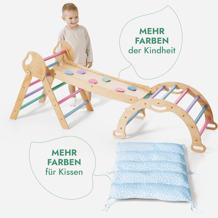 4 - in - 1 Montessori - Kletterset: Pikler - Dreieck, Kletterbogen, Rutschbrett und Kissen für Kleinkinder (1–3 Jahre) – Pastell - Goodevas DE