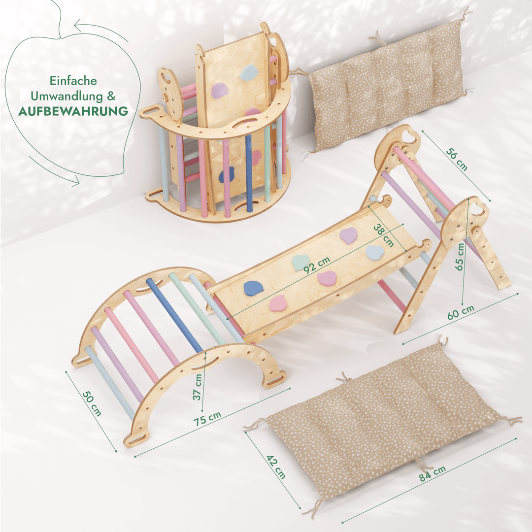4 - in - 1 Montessori - Kletterset: Pikler - Dreieck, Kletterbogen, Rutschbrett und Kissen für Kleinkinder (1–3 Jahre) – Pastell - Goodevas DE