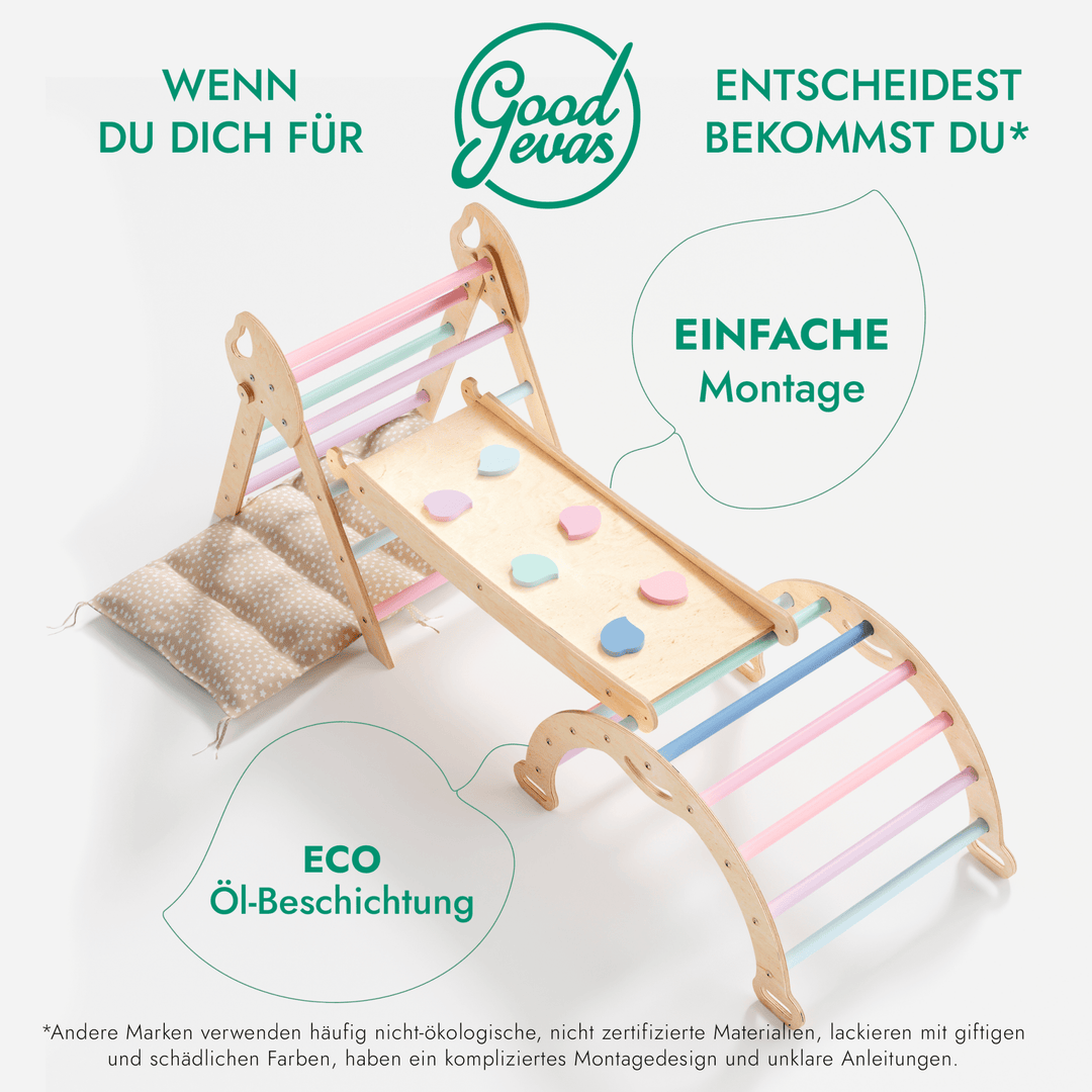 4 - in - 1 Montessori - Kletterset: Pikler - Dreieck, Kletterbogen, Rutschbrett und Kissen für Kleinkinder (1–3 Jahre) – Pastell - Goodevas DE