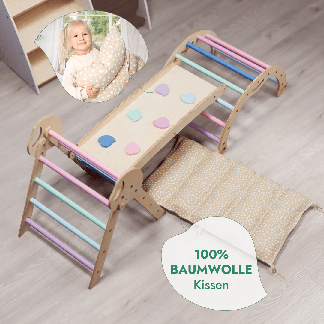 4 - in - 1 Montessori - Kletterset: Pikler - Dreieck, Kletterbogen, Rutschbrett und Kissen für Kleinkinder (1–3 Jahre) – Pastell - Goodevas DE