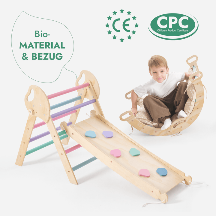4 - in - 1 Montessori - Kletterset: Pikler - Dreieck, Kletterbogen, Rutschbrett und Kissen für Kleinkinder (1–3 Jahre) – Pastell - Goodevas DE