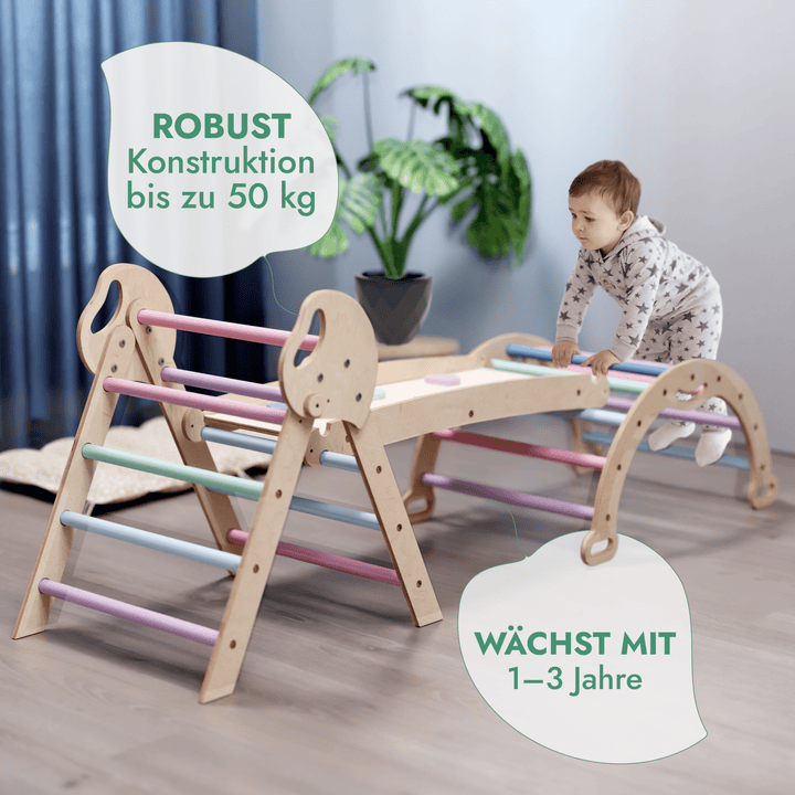4 - in - 1 Montessori - Kletterset: Pikler - Dreieck, Kletterbogen, Rutschbrett und Kissen für Kleinkinder (1–3 Jahre) – Pastell - Goodevas DE