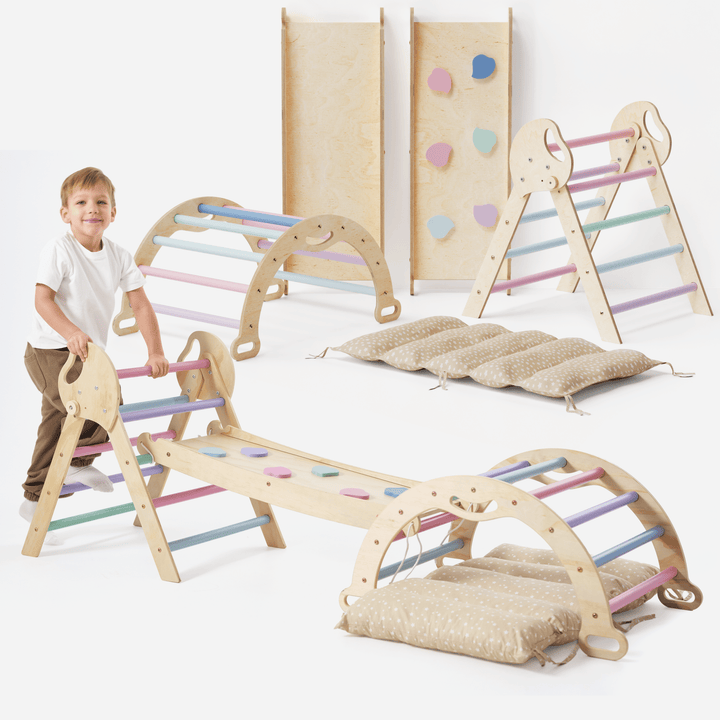 4 - in - 1 Montessori - Kletterset: Pikler - Dreieck, Kletterbogen, Rutschbrett und Kissen für Kleinkinder (1–3 Jahre) – Pastell - Goodevas DE