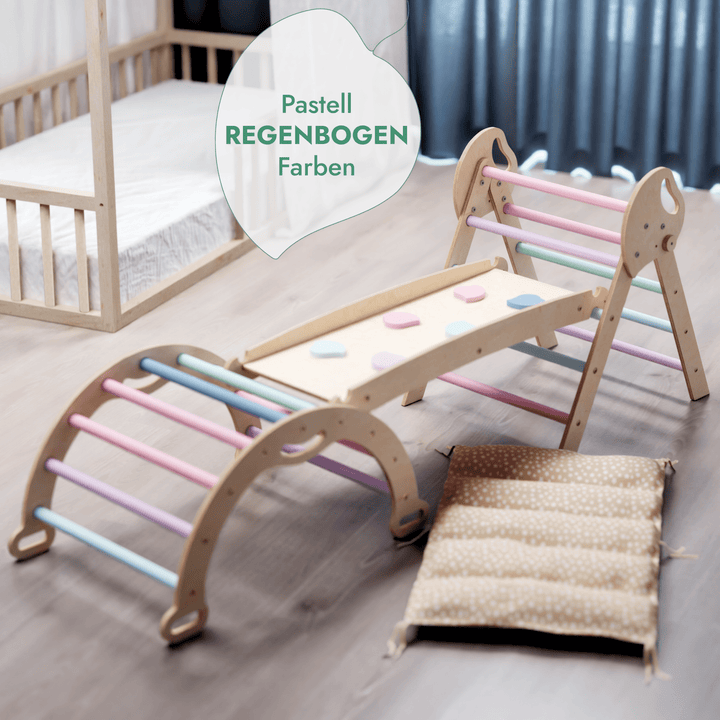 4 - in - 1 Montessori - Kletterset: Pikler - Dreieck, Kletterbogen, Rutschbrett und Kissen für Kleinkinder (1–3 Jahre) – Pastell - Goodevas DE