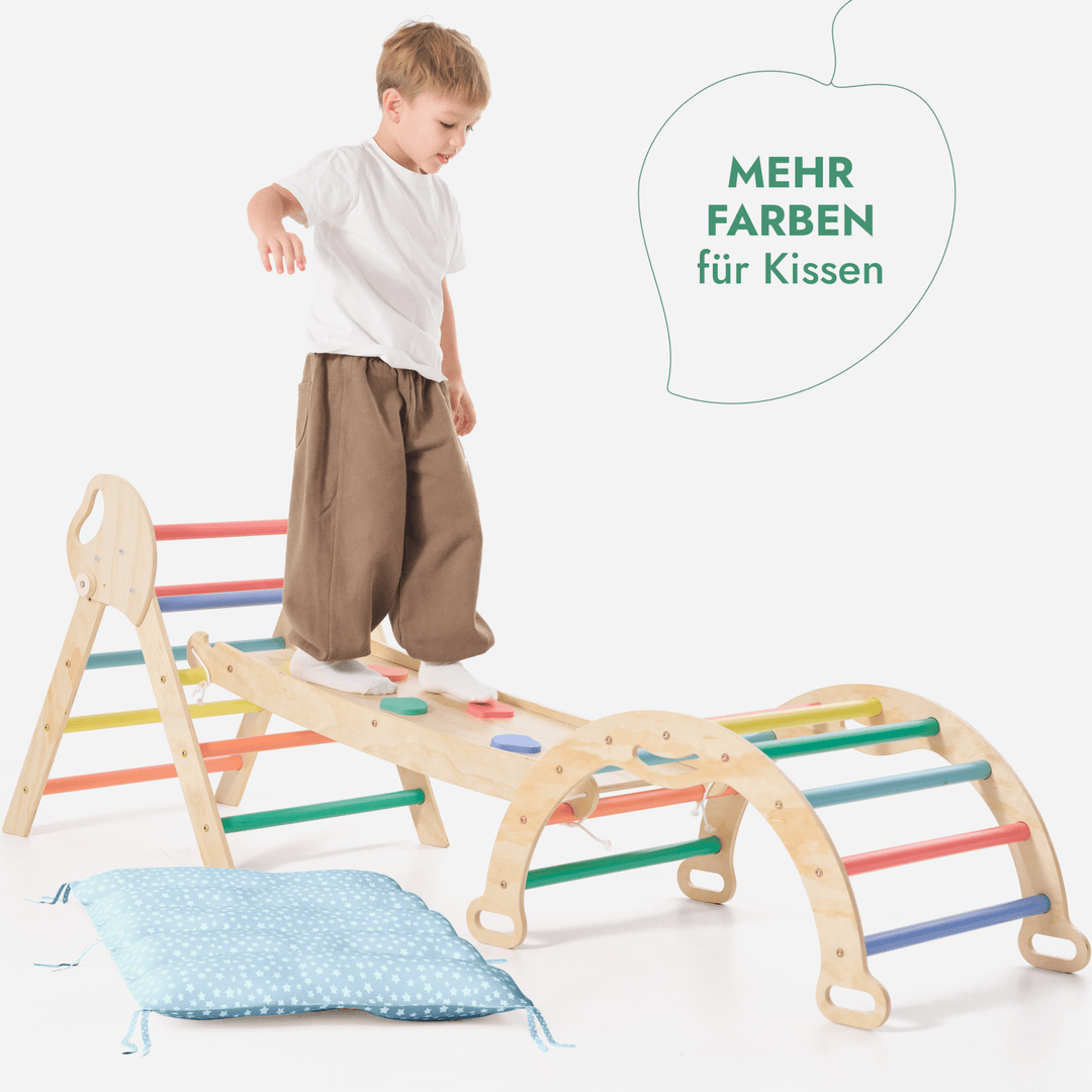 4 - in - 1 Montessori - Kletterset: Pikler - Dreieck, Kletterbogen, Rutschbrett und Kissen für Kleinkinder (1–3 Jahre) – Regenbogen - Goodevas DE
