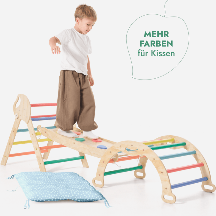 4 - in - 1 Montessori - Kletterset: Pikler - Dreieck, Kletterbogen, Rutschbrett und Kissen für Kleinkinder (1–3 Jahre) – Regenbogen - Goodevas DE