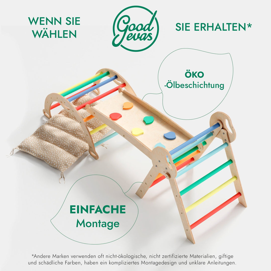 4 - in - 1 Montessori - Kletterset: Pikler - Dreieck, Kletterbogen, Rutschbrett und Kissen für Kleinkinder (1–3 Jahre) – Regenbogen - Goodevas DE