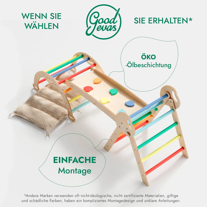 4 - in - 1 Montessori - Kletterset: Pikler - Dreieck, Kletterbogen, Rutschbrett und Kissen für Kleinkinder (1–3 Jahre) – Regenbogen - Goodevas DE