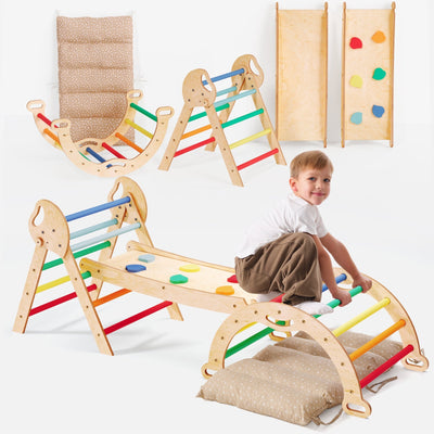 4in1 Montessori-Kletterset: Pikler-Dreieck, Kletterbogen, Rutschbrett und Kissen für Kleinkinder (1–3 Jahre) – Regenbogen
