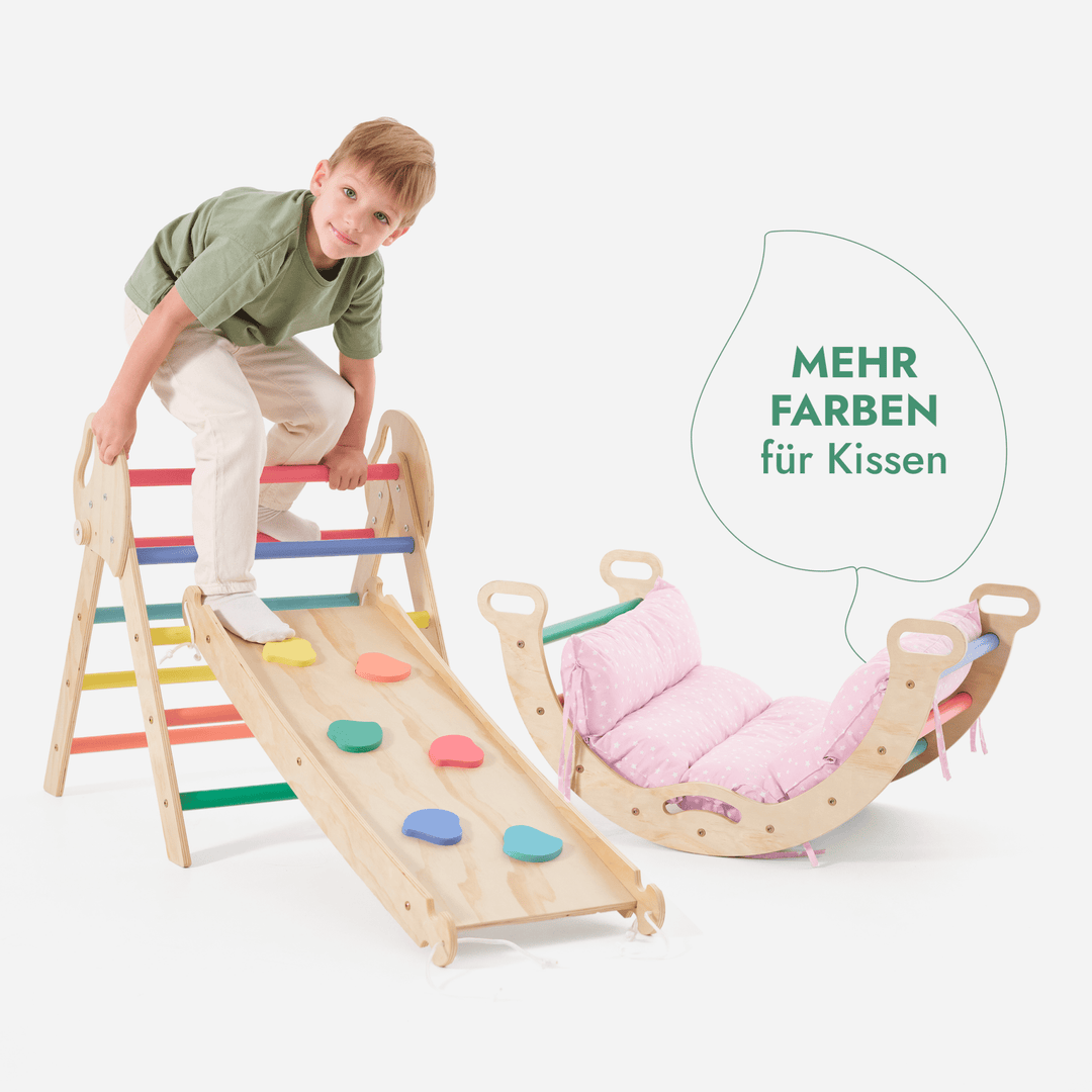 4 - in - 1 Montessori - Kletterset: Pikler - Dreieck, Kletterbogen, Rutschbrett und Kissen für Kleinkinder (1–3 Jahre) – Regenbogen - Goodevas DE
