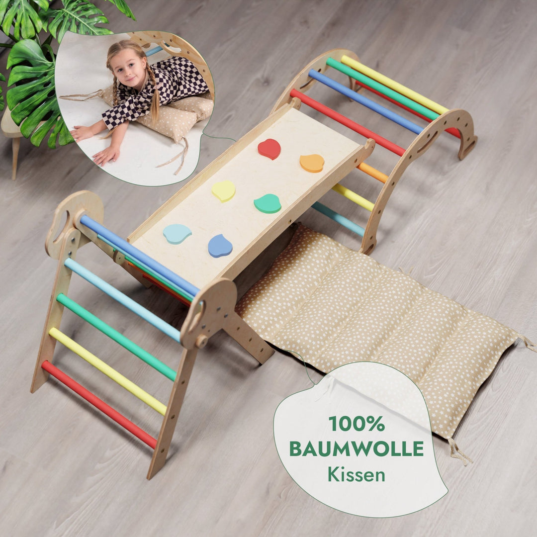 4 - in - 1 Montessori - Kletterset: Pikler - Dreieck, Kletterbogen, Rutschbrett und Kissen für Kleinkinder (1–3 Jahre) – Regenbogen - Goodevas DE