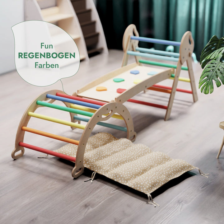4 - in - 1 Montessori - Kletterset: Pikler - Dreieck, Kletterbogen, Rutschbrett und Kissen für Kleinkinder (1–3 Jahre) – Regenbogen - Goodevas DE
