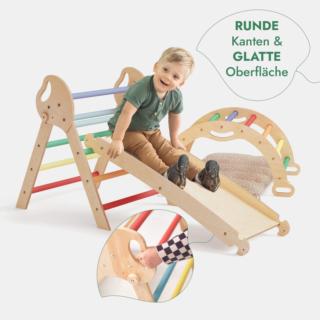 4 - in - 1 Montessori - Kletterset: Pikler - Dreieck, Kletterbogen, Rutschbrett und Kissen für Kleinkinder (1–3 Jahre) – Regenbogen - Goodevas DE
