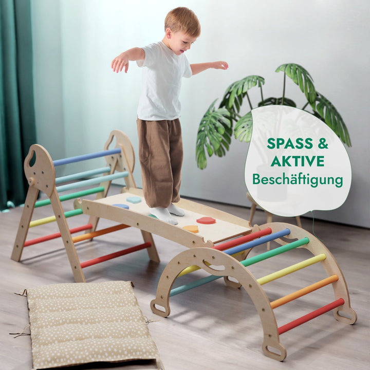 4 - in - 1 Montessori - Kletterset: Pikler - Dreieck, Kletterbogen, Rutschbrett und Kissen für Kleinkinder (1–3 Jahre) – Regenbogen - Goodevas DE