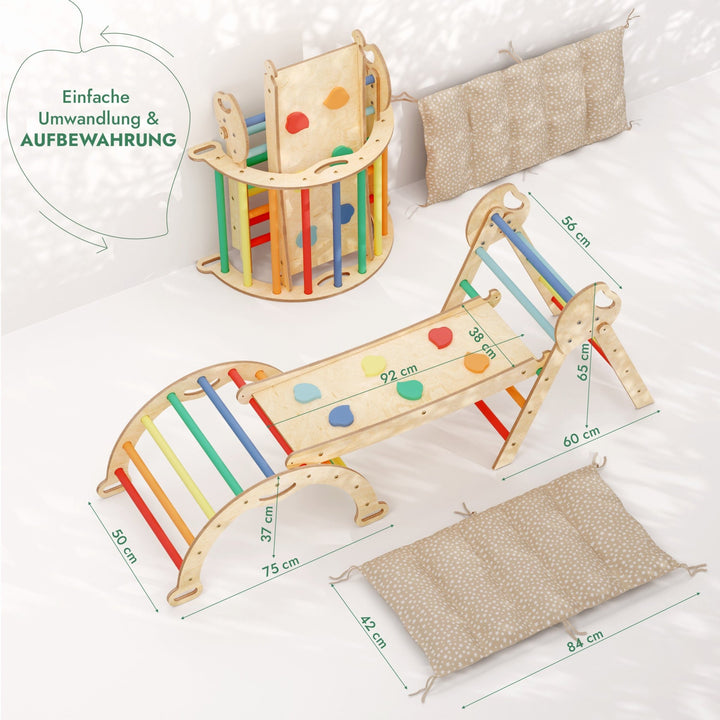4 - in - 1 Montessori - Kletterset: Pikler - Dreieck, Kletterbogen, Rutschbrett und Kissen für Kleinkinder (1–3 Jahre) – Regenbogen - Goodevas DE