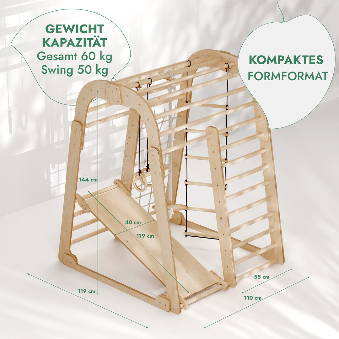 6in1 Indoor Spielplatz für Kinder: Klettergerüst mit Kletternetz, Rutsche, Gymnastikringe, Hängende Leiter und Disc-Schaukel – Beige