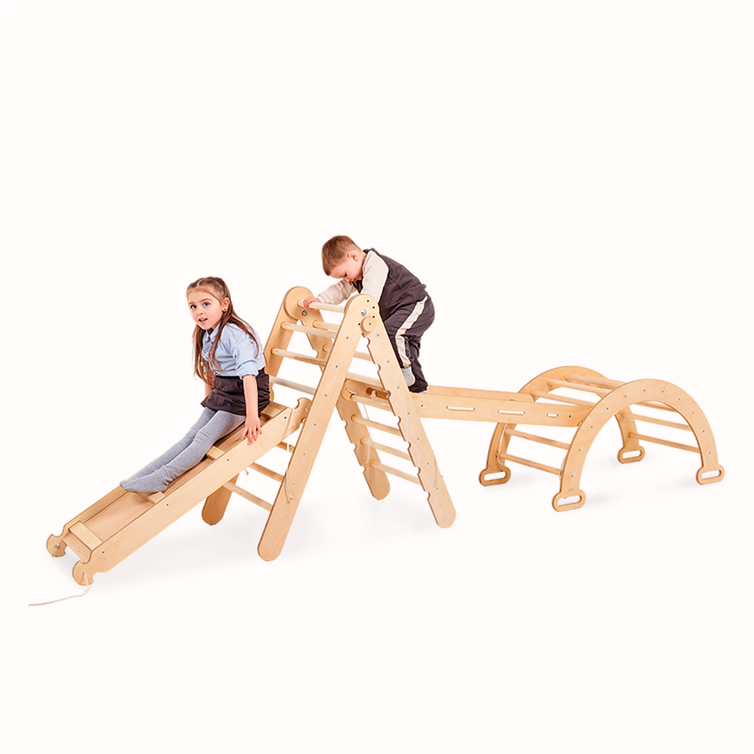 4in1 Montessori Climbing Triangle Set: Climbing Frame for Children + Climbing Arch + Climbing Net + Slide – Indoor Toy for 1-7 Years – Beige