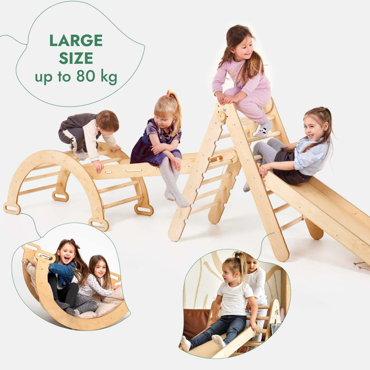 4in1 Montessori Climbing Triangle Set: Climbing Frame for Children + Climbing Arch + Climbing Net + Slide – Indoor Toy for 1-7 Years – Beige