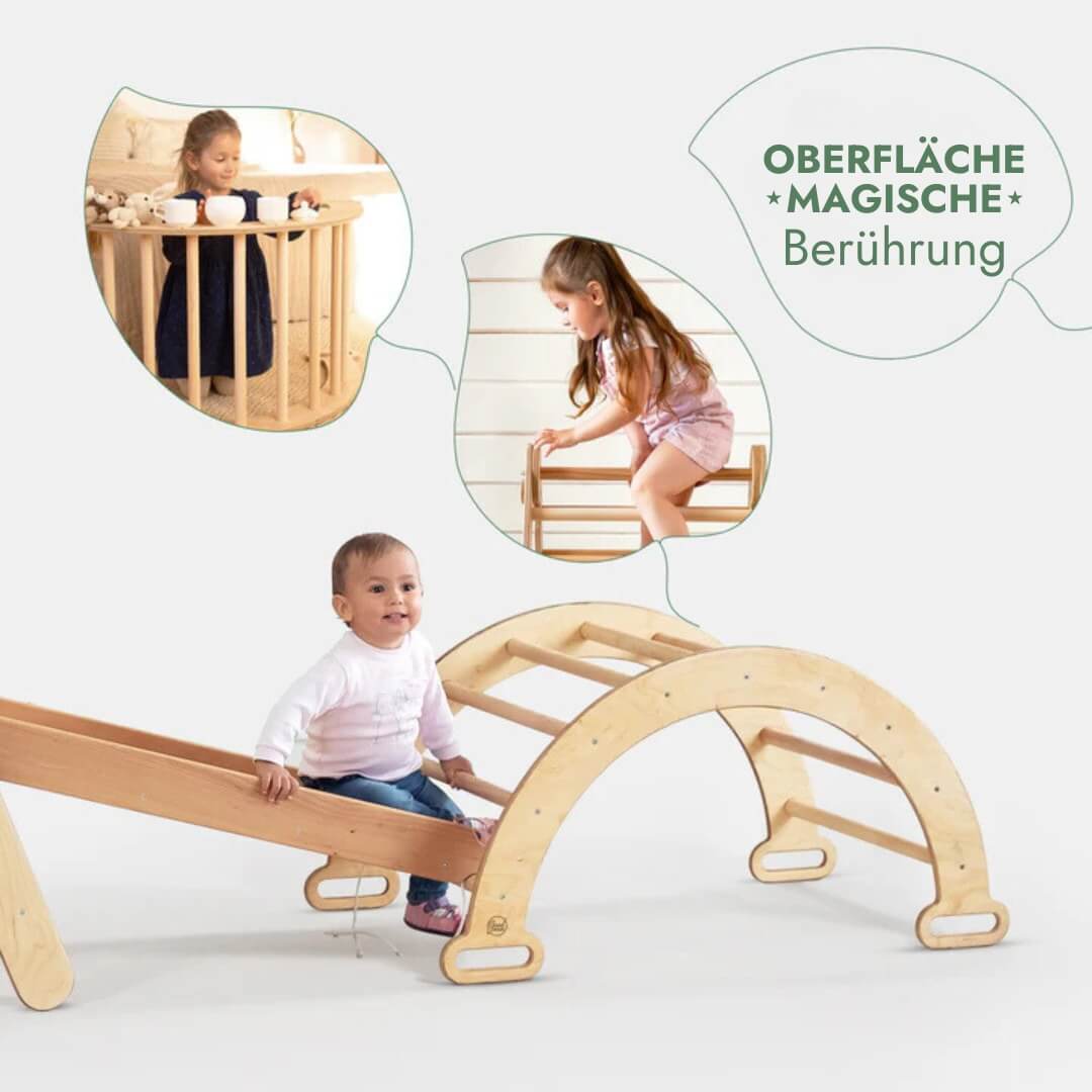 4in1 Montessori Klettergerüst Set: Kletterdreieck mit Rutsche, Kletterbogen, Kletternetz, für Kinder 1 - 7 Jahre – Beige - Goodevas Deutschland