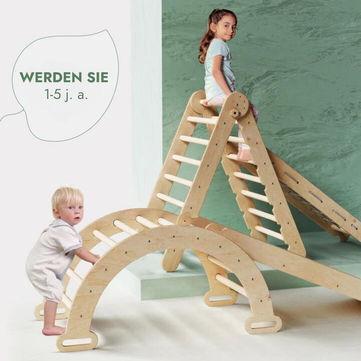 4in1 Montessori Klettergerüst Set: Kletterdreieck mit Rutsche, Kletterbogen, Kletternetz, für Kinder 1 - 7 Jahre – Beige - Goodevas Deutschland