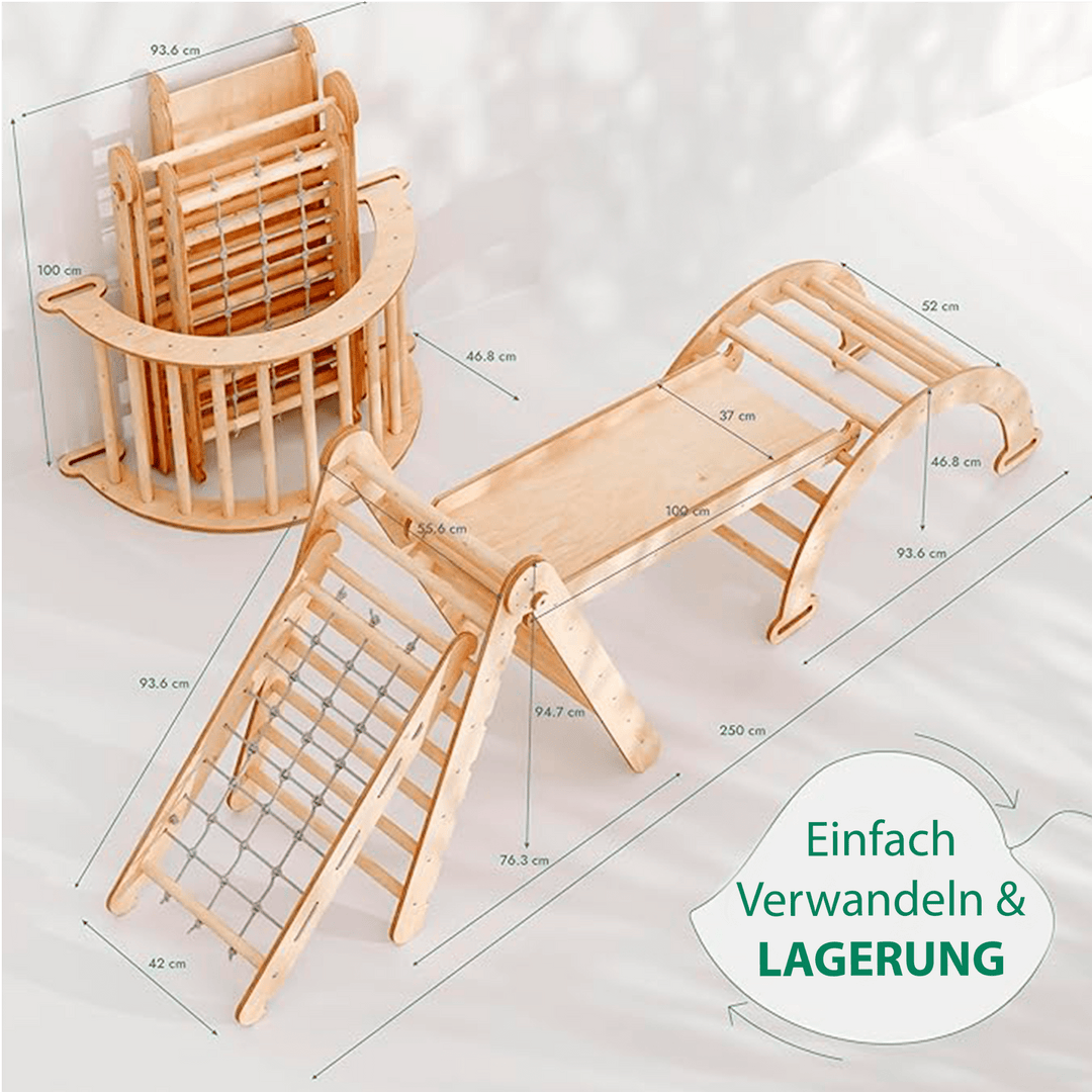 4in1 Montessori Klettergerüst Set: Kletterdreieck mit Rutsche, Kletterbogen, Kletternetz, für Kinder 1 - 7 Jahre – Beige - Goodevas Deutschland