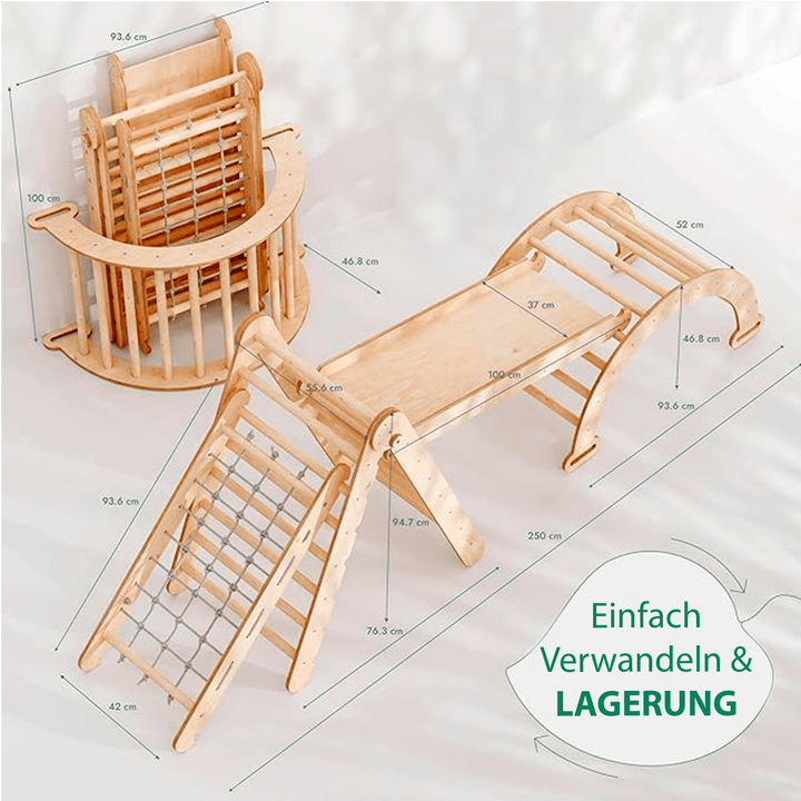 4in1 Montessori Klettergerüst Set: Kletterdreieck mit Rutsche, Kletterbogen, Kletternetz, für Kinder 1 - 7 Jahre – Beige - Goodevas Deutschland