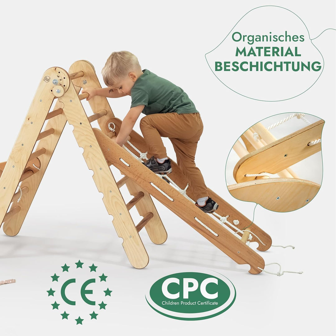 4in1 Montessori Klettergerüst Set: Kletterdreieck mit Rutsche, Kletterbogen, Kletternetz, für Kinder 1 - 7 Jahre – Beige - Goodevas Deutschland