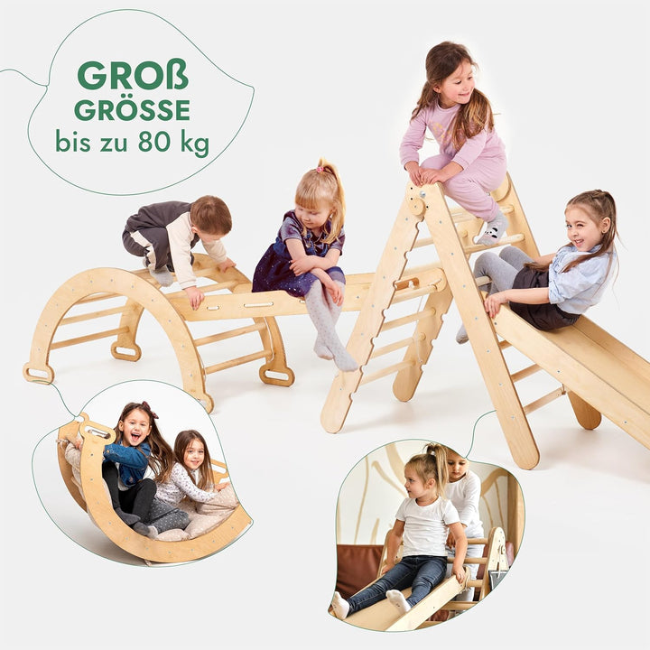 4in1 Montessori Klettergerüst Set: Kletterdreieck mit Rutsche, Kletterbogen, Kletternetz, für Kinder 1 - 7 Jahre – Beige - Goodevas Deutschland