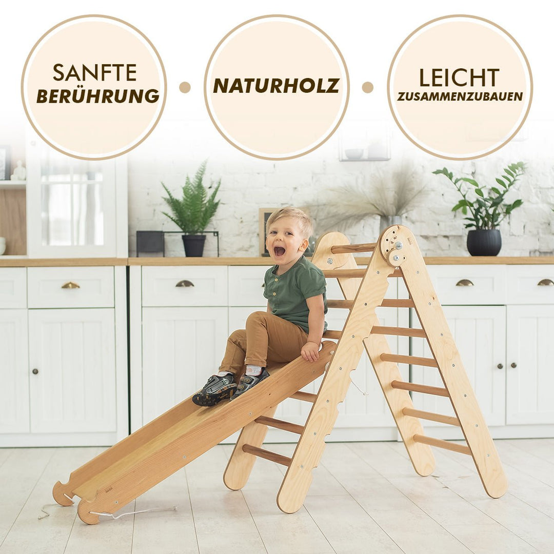 4in1 Montessori Klettergerüst Set: Kletterdreieck mit Rutsche, Kletterbogen mit Kissen, für Kinder 1 - 7 Jahre – Beige - Goodevas Deutschland