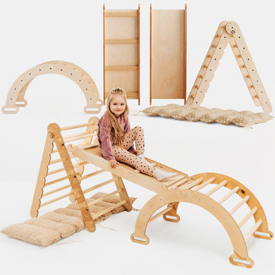4in1 Montessori Climbing Set: Triangle Ladder + Climbing Arch + Sliding Board + Cushion – Beige