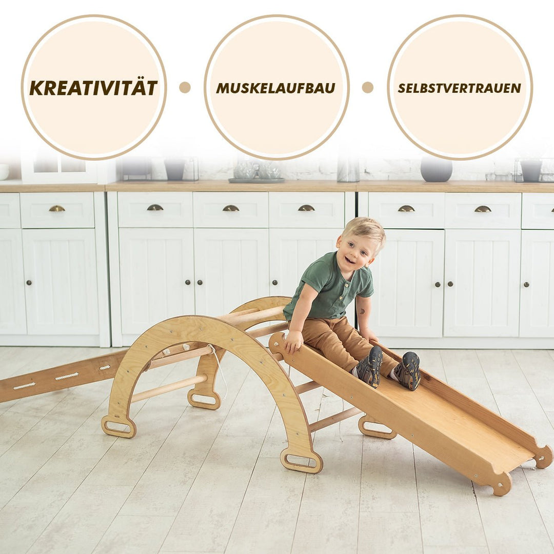 4in1 Montessori Klettergerüst Set: Kletterdreieck mit Rutsche, Kletterbogen mit Kissen, für Kinder 1 - 7 Jahre – Beige - Goodevas Deutschland