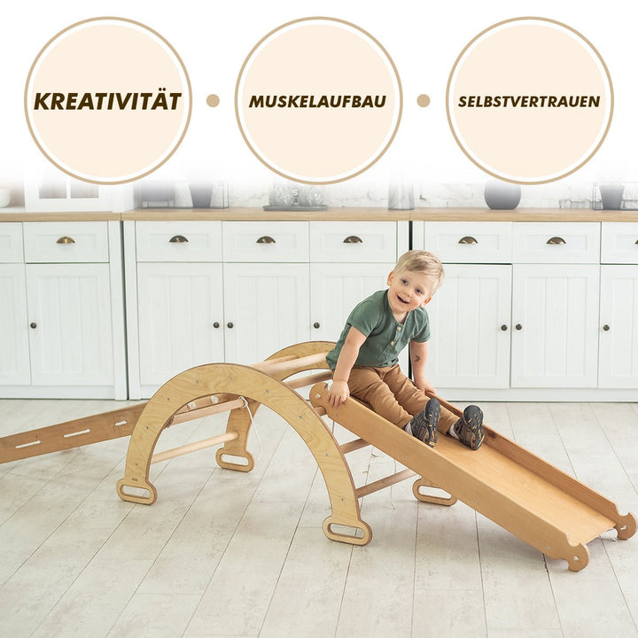 4in1 Montessori Klettergerüst Set: Kletterdreieck mit Rutsche, Kletterbogen mit Kissen, für Kinder 1 - 7 Jahre – Beige - Goodevas Deutschland